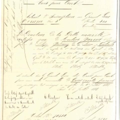 1888, xullo, 6. París. Extracto de inscripción de 300 francos de deuda pública francesa a favor de Felipe Gutiérrez de la Peña.