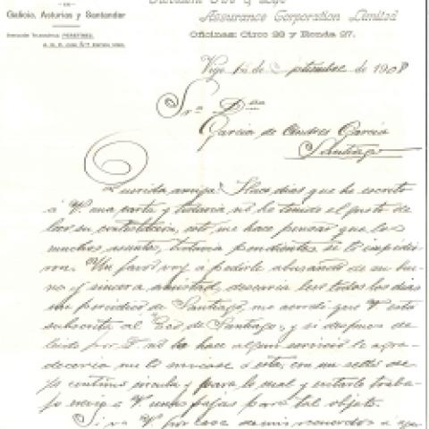 1908, septiembre. 12. Vigo. Carta de José F. Lamazares, de la empresa Pérez y Martínez, Gerentes de la Compañía General en Galicia, Asturias y Santander a García de Andrés García, para que le mande diariamente el periódico El Eco de Santiago á que está subscrita, una vez leído.