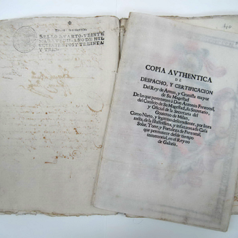 1691, maio, 11. Milán. Copia autentica de despacho y certificación del Rey de Armas y Cronista mayor de Su Magestad..., fol.1