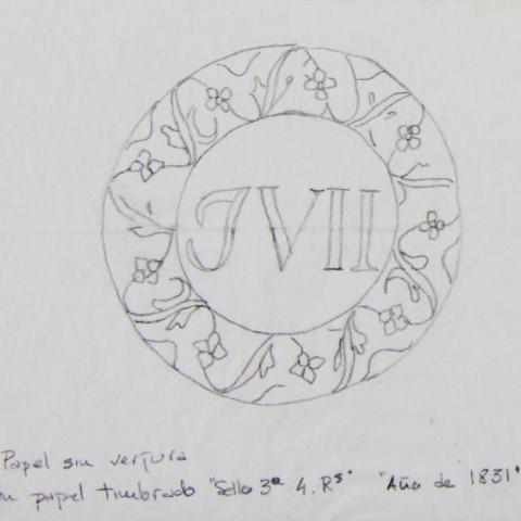 Modelo de marca de auga. En papel timbrado Sello 3º. 4 reales. Año de 1831.