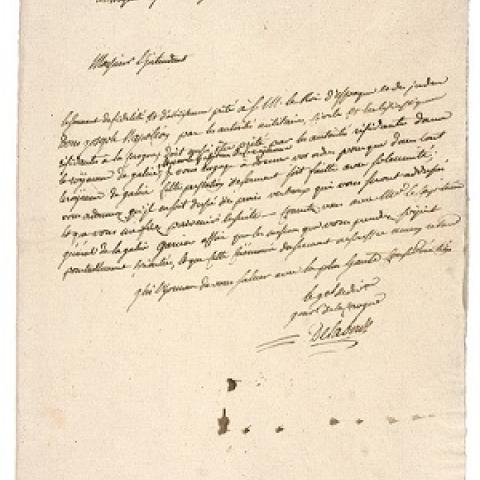 1809, enero, 26. A Coruña. Carta del gobernador francés de A Coruña, general Delaborde, al intendente de Galicia, sobre el juramento de fidelidada a José I. Xunta Superior de Armamento e Defensa de Galicia. Sign. 46/D-1.