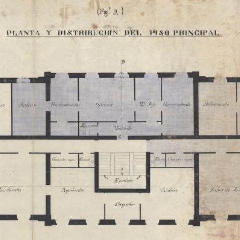 Proyecto de edificio para oficinas / realizado para la Junta de Obras del Puerto de La Coruña por...Alfredo Álvares Cascos. Figura 9. Planta y distribución del piso principal. Sign. 21.305/8