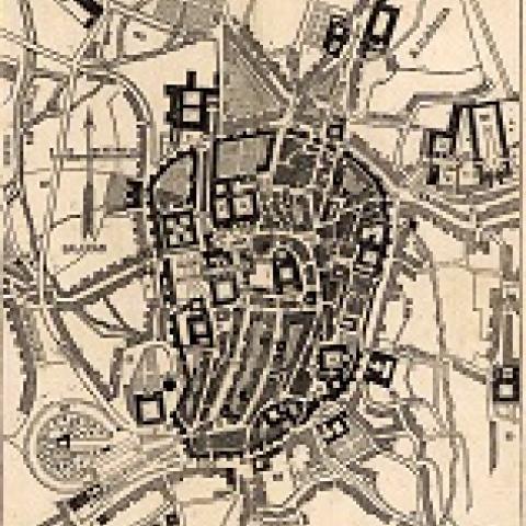 Arquivo do Reino de Galicia. Colección cartográfica e iconográfica. Guía histórica, arqueológica y militar de la antigua capital de Galicia, Santiago de Compostela / grabado por Enrique Mayer. Santiago de Compostela : J.M. Paredes, 1886. Sign.: CCMB152.Detalle
