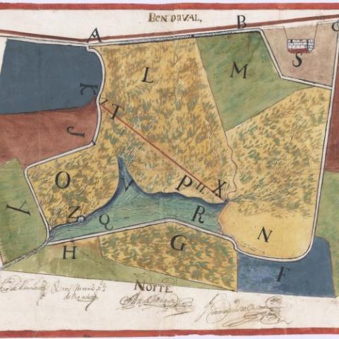 Arquivo do Reino de Galicia. Real Audiencia de Galicia. [Plano de la chousa, nabal y huerta nombrada Fuente de Teixín, en la feligresía de Santa María de los Ángeles] / Juan Antonio Mendoza, Miguel Rodríguez de Coto, peritos ; Domingo Antonio Suárez de Boado, pintor. 1766. Sign. RA. 90