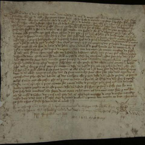 Arquivo do Reino de Galicia. Colección de documentos en pergamiño. O mosteiro de Santa María de Monfero e Xoán Alfonso da Pena e outros litigantes chegan a un compromiso sobre certos marcos en Santa María de Labrada polo que deben dar ó mosteiro a terceira parte da herdade de Margá. 1413, marzo, 9. Monfero. Sign. Pl. 187.