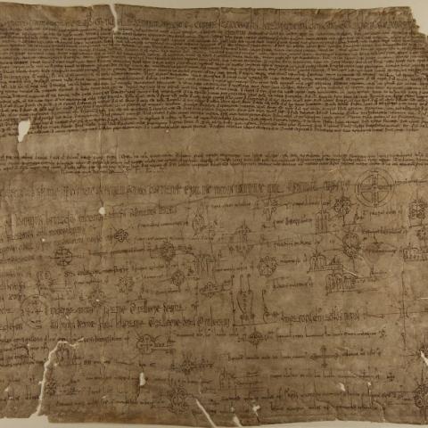 Colección de documentos en pergamiño. Diego, bispo de Santiago de Compostela, confirma a independencia e autoridade, así como a posesión de San Martiño Pinario e Santa María da Corticela sobre a illa de Cortegada e diversas igrexas. Ano 1115. Sign. 1.183