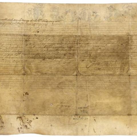 Arquivo do Reino de Galicia. Familia Ozores. Alexandre VII concede unha canonxía na Catedral de Lugo co arcedianato de Triacastela a Pedro de Losada Sarmiento, por renuncia de Benito Ozores de Sotomayor. 1655-04-21. Roma. Sign. 1416