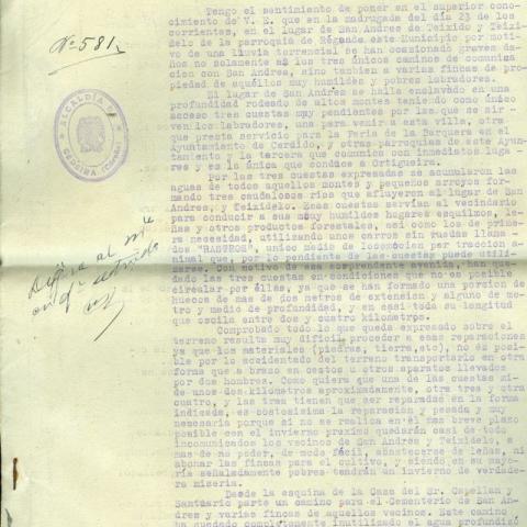 Arquivo do Reino de Galicia. Goberno Civil da provincia da Coruña. Expediente informativo sobre o temporal que destrozou os camiños de San Andrés de Teixido e Teixidelo no concello de Cedeira. 1939. Sign.: 32534_100