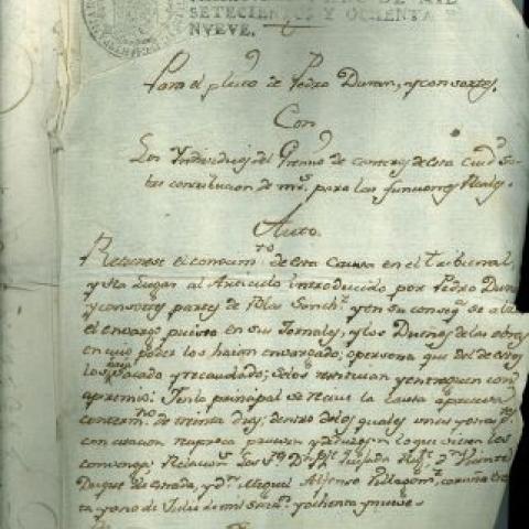 Arquivo do Reino de Galicia. Real Audiencia de Galicia. Pleito de los maestros y oficiales de mampostería que trabajan a jornal en A Coruña, y Pedro Durán y consortes, con los individuos del Gremio de Canteros, sobre contribución de maravedís para las funciones reales. 1789. Sign.: 16.203/25