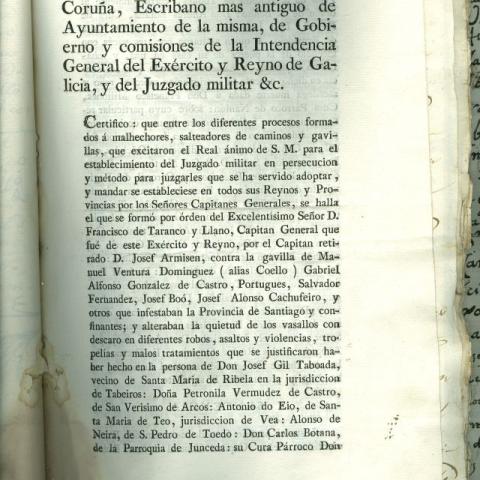 Arquivo do Reino de Galicia. Real Audiencia de Galicia. Copia do certificado sobre a sentenza imposta á gavela de Manuel Ventura Domínguez e outros que consta na causa criminal por bandoleirismo contra don Agustín Míguez e outros. 1809-1810. Sign.: 48722-4
