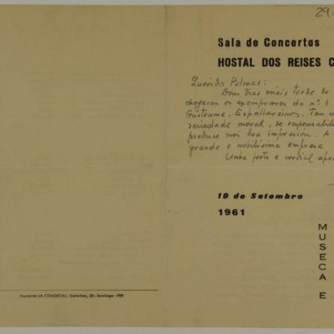 Arquivo do Reino de Galicia. Ricardo Palmás. Carta de Ramón Piñeiro a Ricardo Palmás. 1961, setembro, 19?. Sign.: 29660-6r
