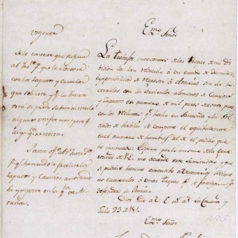 Oficio del brigadier Juan Díaz Porlier, a mando de la [5ª] División [do IV Exército], a la Junta Superior de Galicia para que socorra a sus tropas con camisas y zapatos. 1810, xullo, 23. A Coruña.