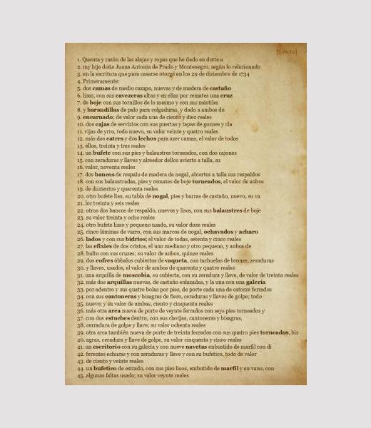 Arquivo do Reino de Galicia. Pescuda no Arquivo. 5. O enxoval. Texto da transcrición dunha folla dun dos documentos propostos.
