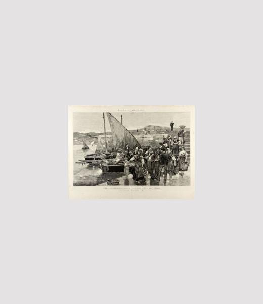 Arquivo do Reino de Galicia. Colección cartográfica e iconográfica. Ferrol: vendedoras de sardiñas recollendo a pesca no porto. 1879. Sign.: CC 67