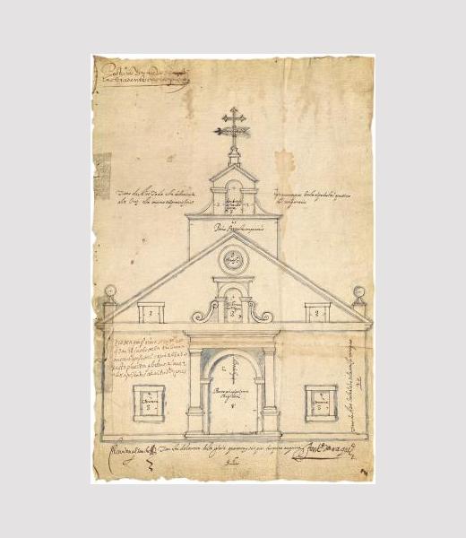 Plano alzado del proyecto de fachada de la ermita de Nª. Sra. de O Posío contratado con el maestro de cantería Antonio Daraque. 