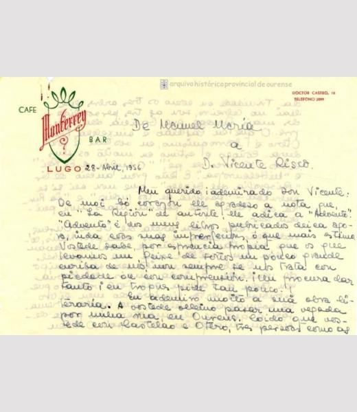 Carta a Vicente Risco para agradecerle la recensión en el periódico “La Región” sobre “Advento”. 
