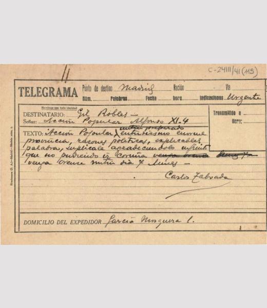 Telegrama urgente de Carlos Taboada Tundidor a José M ª Gil Robles suplicándole que no anule el mitin programado en Ourense para el próximo 7 de mayo.