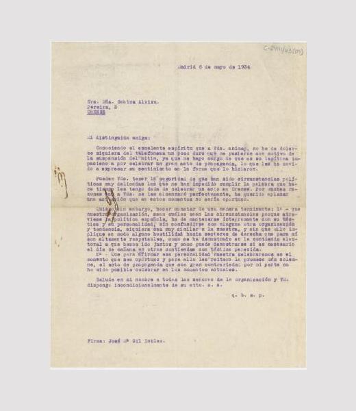Carta de Gil Robles a Sabina Albizú de Valcárcel, presidenta de Acción Femenina Gallega en Ourense, disculpándose por la suspensión del mitin previsto en Ourense.
