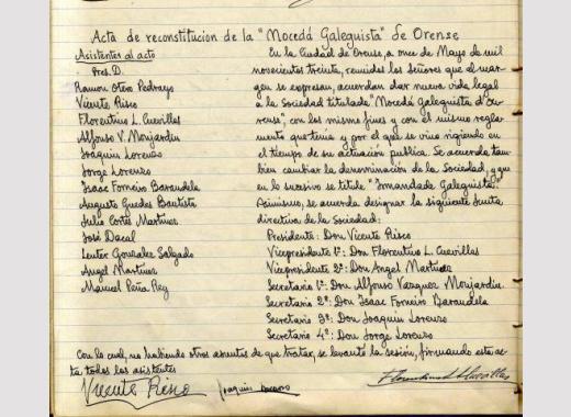 Acta de reconstitución da Mocedá Galeguista d’Ourense na que muda o seu nome polo de Irmandade Galeguista de Ourense.