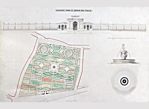 Proyecto del arquitecto Felipe Bouza y Tredis para fachada, fuente y ajardinamiento para o Posío.