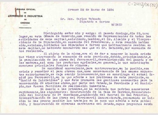 Carta de José Zarauza a Carlos Taboada Tundidor comunicándolle os acordos adoptados na reunión á que asistiron representantes de distintos sectores económicos e políticos da capital co fin de paliar a profunda crise económica que vive a provincia.