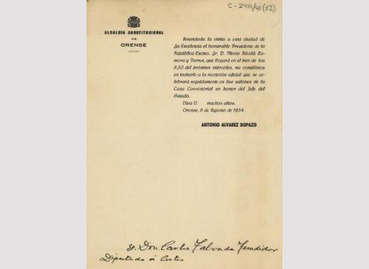 Invitación cursada por el alcalde de Ourense a Carlos Taboada Tundidor para asistir a la recepción oficial organizada en honor del presidente de la República, Niceto Alcalá- Zamora, con motivo de su visita a Ourense.