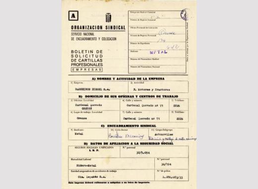 Solicitud de cartilla profesional de la empresa Barreiros Diésel, S.A. dirigida al Servicio Provincial de Encuadramiento y Colocación.