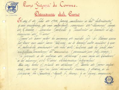 Arquivo do Reino de Galicia. José González Fernández. Crónica da clausura do curso de máquinas de coser SIGMA de Corme. 1956