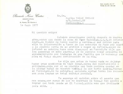 Arquivo do Reino de Galicia. Carlos del Valle Inclán. Carta de Carlos de Valle Inclán a Ricardo Nores, cronista de Ferrol. 1977, maio, 16. Pontevedra. Sign.: 19447.