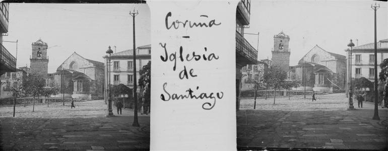 Arquivo do Reino de Galicia. Colección fotográfica. A Coruña: igrexa de Santiago desde a praza de Azcárraga. 1905. Sign.: 1509.